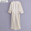 ZEVITY Women Pleats Design Split Satin Midi Dress Female Chic Three Quarter Sleeve Leisure Wear Vestidos DS9065