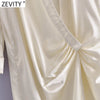 ZEVITY Women Pleats Design Split Satin Midi Dress Female Chic Three Quarter Sleeve Leisure Wear Vestidos DS9065