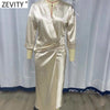 ZEVITY Women Pleats Design Split Satin Midi Dress Female Chic Three Quarter Sleeve Leisure Wear Vestidos DS9065