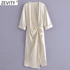 ZEVITY Women Pleats Design Split Satin Midi Dress Female Chic Three Quarter Sleeve Leisure Wear Vestidos DS9065