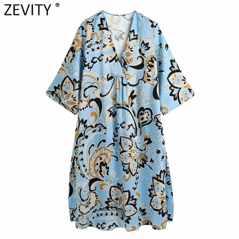 ZEVITY Women Vintage V Neck Totem Floral Print Side Split Loose Dress Ladies Chic Three Quarter Sleeve Kimono Vestido DS8809