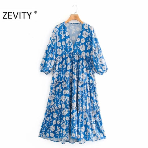 ZEVITY women vintage V Neck Floral print casual a line dress female pleat ruffles vestido chic brand party dresses DS4507