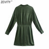 ZEVITY Women Cross V Neck Hem Pleats Solid A Line Satin Dress Office Lady Chic Long Sleeve Side Zipper Slim Mini Vestidos DS8956