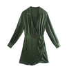 ZEVITY Women Cross V Neck Hem Pleats Solid A Line Satin Dress Office Lady Chic Long Sleeve Side Zipper Slim Mini Vestidos DS8956