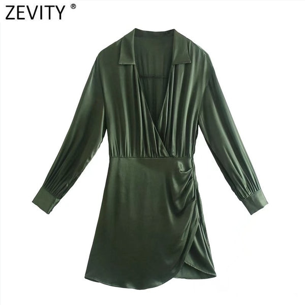 ZEVITY Women Cross V Neck Hem Pleats Solid A Line Satin Dress Office Lady Chic Long Sleeve Side Zipper Slim Mini Vestidos DS8956
