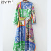 ZEVITY Women Cloth Patchwork Irregular Print Sashes Midi Shirt Dress Ladies Single Breasted A Line Kimono Vestido DS8791