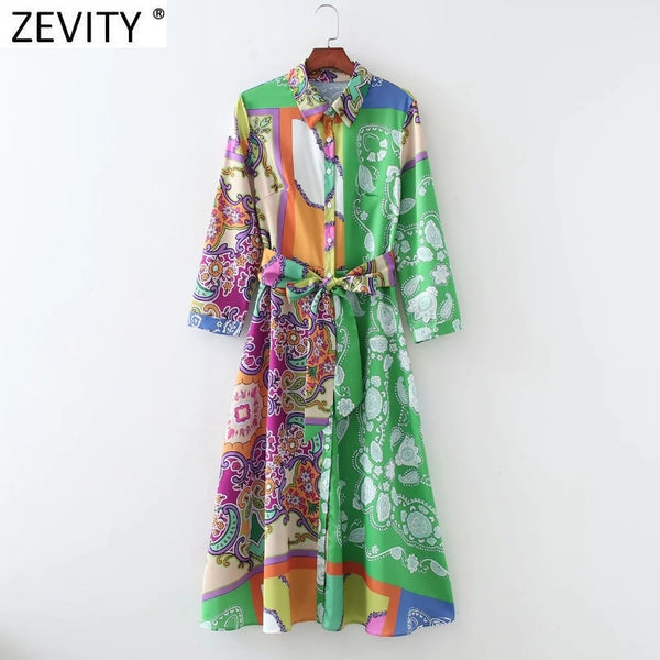 ZEVITY Women Cloth Patchwork Irregular Print Sashes Midi Shirt Dress Ladies Single Breasted A Line Kimono Vestido DS8791