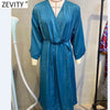 ZEVITY Women Cross V Neck Solid Satin Casual Slim Midi Dress Ladies Chic Elastic Waist Kimono Vestidos De Mujer DS9008
