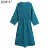 ZEVITY Women Cross V Neck Solid Satin Casual Slim Midi Dress Ladies Chic Elastic Waist Kimono Vestidos De Mujer DS9008