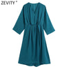 ZEVITY Women Cross V Neck Solid Satin Casual Slim Midi Dress Ladies Chic Elastic Waist Kimono Vestidos De Mujer DS9008