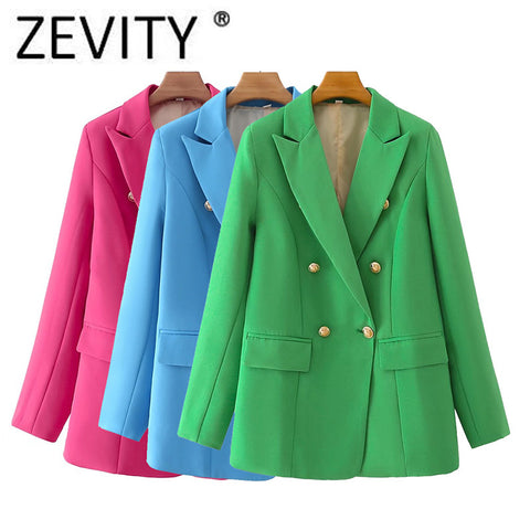 ZEVITY Women Double Breasted Candy Color Blazer Coat Vintage Long Sleeve Flap Pockets Female Outerwear Chic Veste