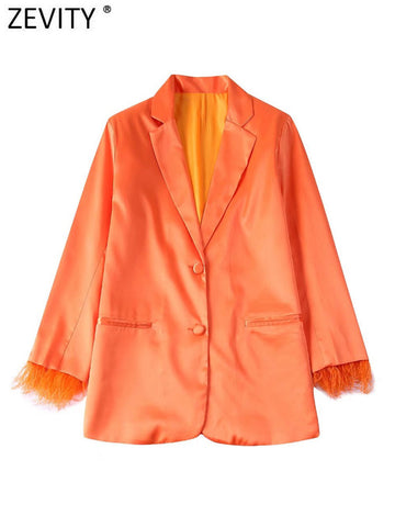 ZEVITY Women Notched Collar Feathers Design Long Sleeve Blazer Coat Office Lady Soft Touch Chic Suits Veste Femme CT1214