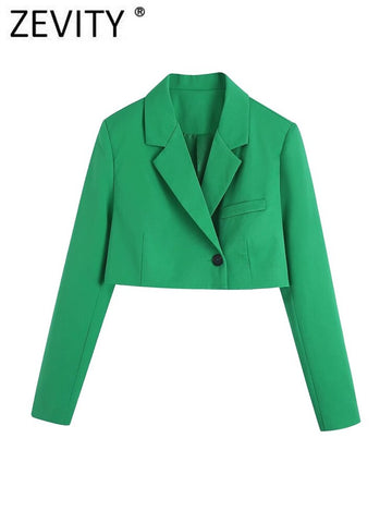 ZEVITY Women Notched Collar Long Sleeve Short Green Blazer Coat Office Lady Chic One Button Suits Veste Femme CT1406