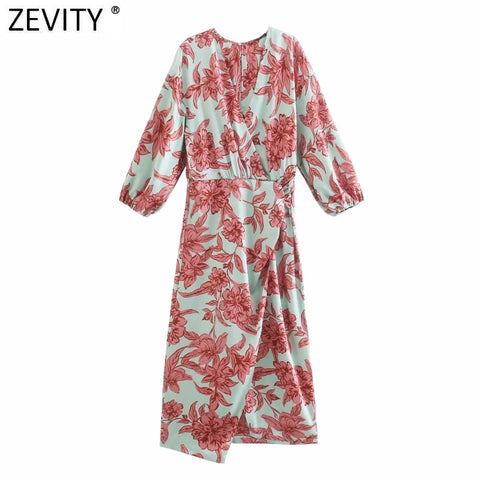 ZEVITY Women Vintage Cross V Neck Floral Printing Side Knotted Slim Kimono Midi Dress Female Three Quarter Sleeve Vestido DS8776