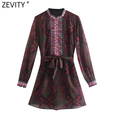 ZEVITY Women Vintage Jacquard Patchwork Print Totem Court Style Shirt Dress Female Chic Bow Sashes Chiffon A Line Vestido DS9162