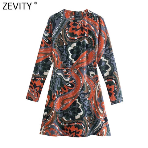 ZEVITY Women Vintage Totem Floral Print Casual Slim Shirt Dress Femme Chic O Neck Vestido Long Sleeve Back Zipper Dresses DS9129