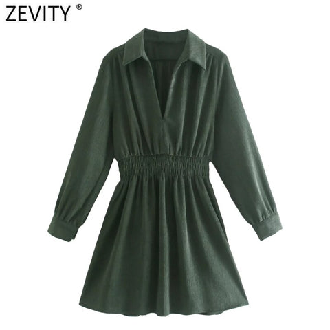ZEVITY Women Vintage Turn Down Collar Solid Elastic Waist Mini Corduroy Dress Female Chic Long Sleeve Casual Slim Vestido DS9078