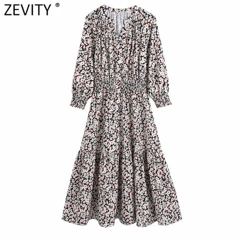 ZEVITY Women Vintage V Neck Floral Print Elastic Waist Casual Slim Dress Female Chic Three Quarter Sleeve Kimono Vestidos DS8857