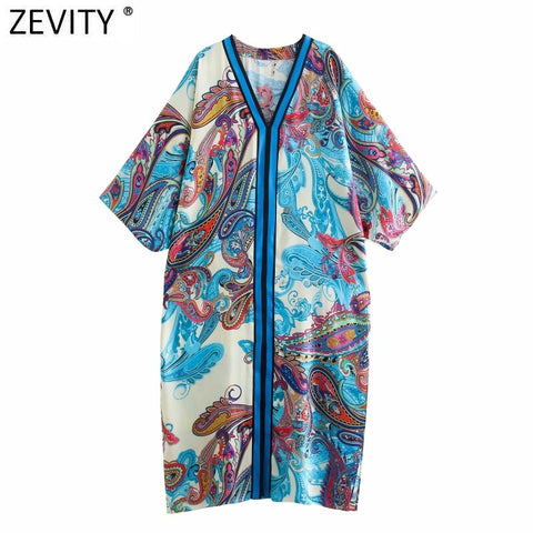 ZEVITY Women Vintage V Neck Patchwork Totem Flroal Print Kimono Split Shirt Dress Female Chic Retro Brand Party Vestidos DS8909