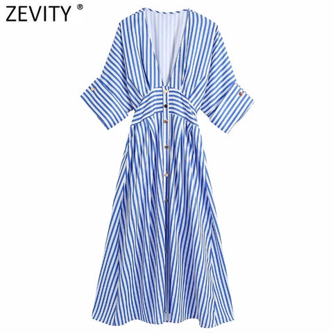ZEVITY Women Vintage V Neck Striped Print Single Breasted Shirt Midi Dress Female Chic Short Sleeve Sashes Kimono Vestido DS8805