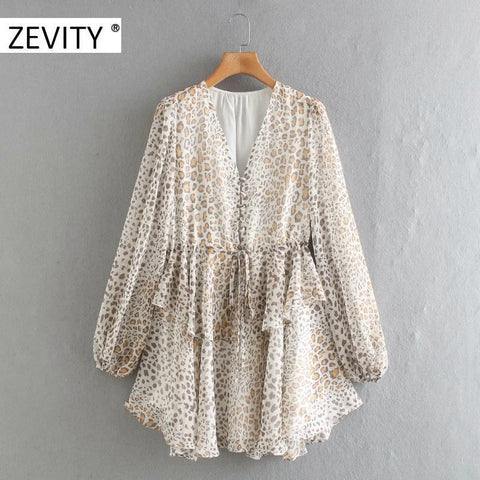 ZEVITY women vintage v neck leopard print irregular ruffles mini dress female lantern sleeve vestido chic casual dresses DS4460
