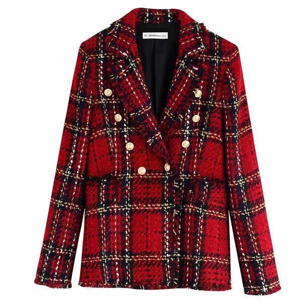 ZHENBAILI Autumn Women Red Suits Plaid Skirt Set Double-Breasted Tweed Plaid Ladies Jacket Slim And Elegant Bust Two Piece