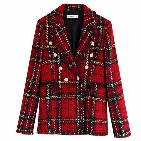 ZHENBAILI Autumn Women Red Suits Plaid Skirt Set Double-Breasted Tweed Plaid Ladies Jacket Slim And Elegant Bust Two Piece