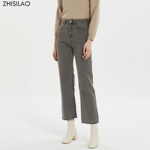 ZHISILAO Gray Straight Cut Jeans Women Vintage High Waist Denim Pants Femme 2022 Long Loose Full Length Trouser