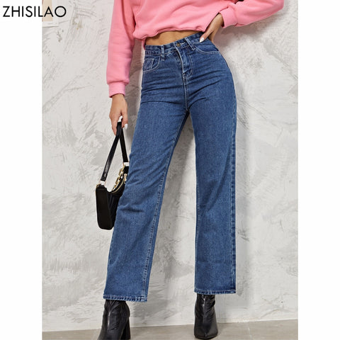 ZHISILAO Straight Jeans Women Plus Size Vintage Loose Blue Washed High Waist Wide Leg Denim Pants 2022 Jeans