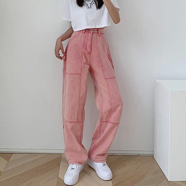 ZHISILAO Pink Straight Jeans Women Vintage High Waist Denim Pants Plus Size Boyfriend Wide Leg Jeans Streetwear Summer 2022