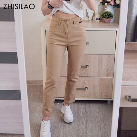 ZHISILAO Stretch High Waist Jeans Women 2022 Slim Khaki Washed Trousers Denim Straight Pants Ankle-length Jeans Beige