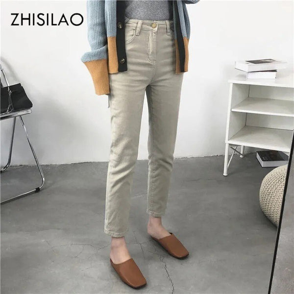ZHISILAO Tight Beige Bodycon Pencil Jeans Women Retro Slim Elastic High Waist Straight Khaki Ankle-length Denim Pants 2022 Jeans