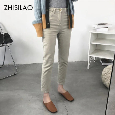 ZHISILAO Tight Beige Bodycon Pencil Jeans Women Retro Slim Elastic High Waist Straight Khaki Ankle-length Denim Pants 2022 Jeans