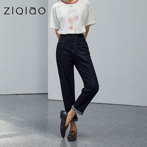 ZIQIAO Women Pants 2022 Newly High Waist Straight Loose Wide Leg Pants Boyfriend Jeans Dark Blue Vintage Jeans Jeans For Women