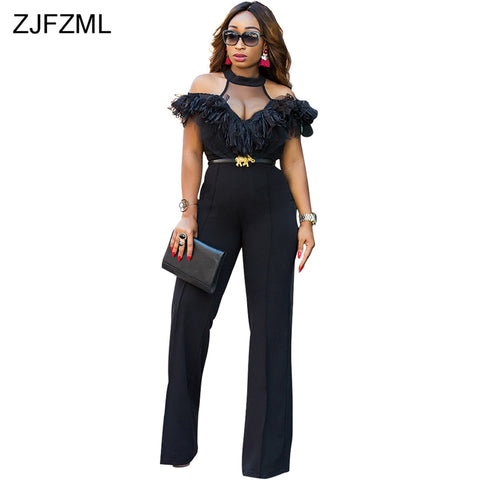 ZJFZML Halter Off The Shoulder Sexy Jumpsuit Women Mesh Patchwork Lace Romper Casual Solid Color Full length Wide Leg Jumpsuit