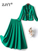 ZJYT Elegant Business Chic Belt Blazer Suits Two Pieces Womens Outfits Office Work Wear Party Dress Sets Jacket and Skirt Green