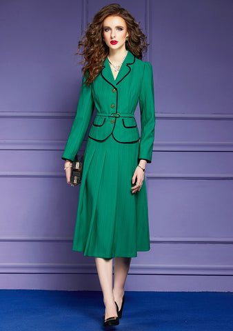 ZJYT Elegant Business Chic Belt Blazer Suits Two Pieces Womens Outfits Office Work Wear Party Dress Sets Jacket and Skirt Green