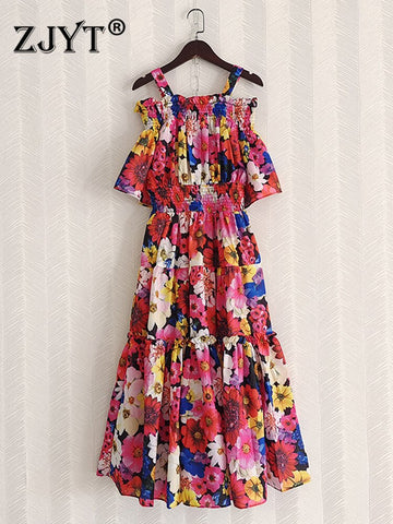 ZJYT Runway Summer Party Dresses for Women 2023 Elegant Floral Print Off The Shoulder Midi Sexy Holiday Beach Vestidos