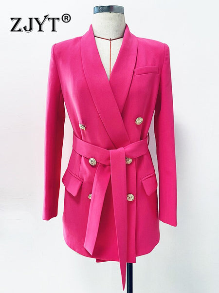 ZJYT Office Lady Autumn Lace Up Blazer Women Long Sleeve Shawl Collar Double Breasted Jacket and Coat Elegant Outerwear