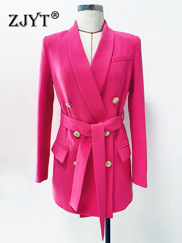 ZJYT Office Lady Autumn Lace Up Blazer Women Long Sleeve Shawl Collar Double Breasted Jacket and Coat Elegant Outerwear