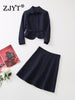 ZJYT Runway Designer Dark Blue Blazer Suits with Skirt 2 Piece Womens Outfits Office Work Wear Elegant Lady Party Dress Sets