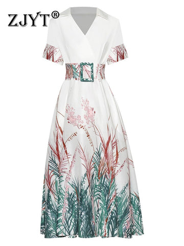 ZJYT Runway Designer Summer Dresses for Women 2023 Short Sleeve V Neck Print Sashes Midi Casual White Vestidos Holiday