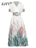 ZJYT Runway Designer Summer Dresses for Women 2023 Short Sleeve V Neck Print Sashes Midi Casual White Vestidos Holiday