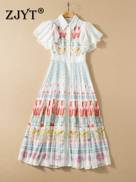 ZJYT Runway Print Summer Dresses for Women Elegant Butterfly Sleeve Midi Pleated Chiffon Vestidos Single Breasted Robes