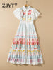 ZJYT Runway Print Summer Dresses for Women Elegant Butterfly Sleeve Midi Pleated Chiffon Vestidos Single Breasted Robes