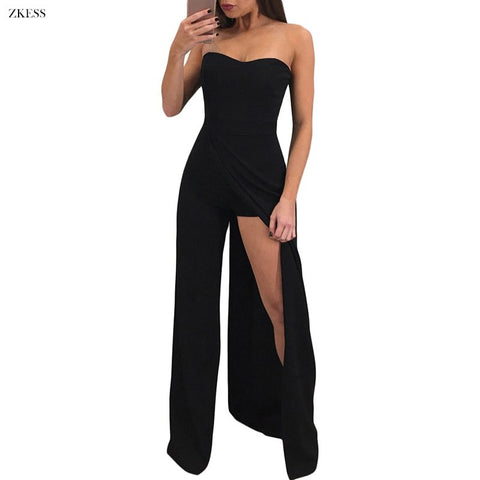 Women White Split Open Wide Bell Leg Sexy Strapless Jumpsuits Sleeveless Stretch Hollow Out Rompers Playsuits LC64377