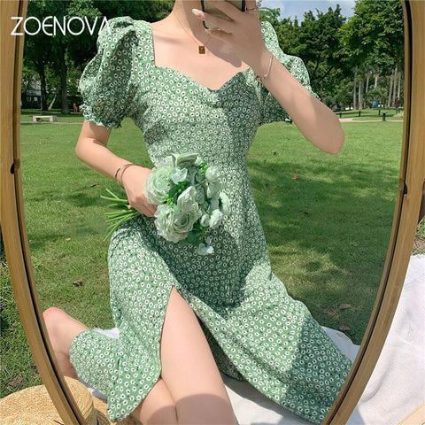 ZOENOVA 2023 Summer Women’s Dresses Floral A-Line Dress Sweet Elegant Femme V-neck Short Dress for Lady Chic Flowers Mini Dress