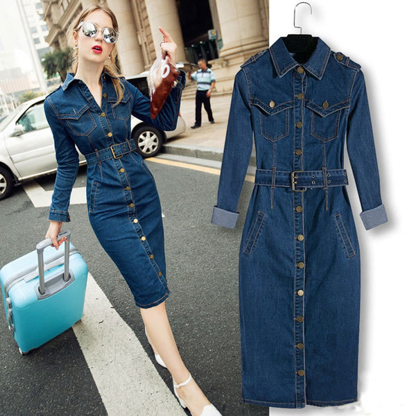 ZOGAA Jeans Dress Denim Dresses Winter Office Slim Jeans Long Sleeve Mid-Cuff Denim with Belt for Women Jeans Dress Long Dress