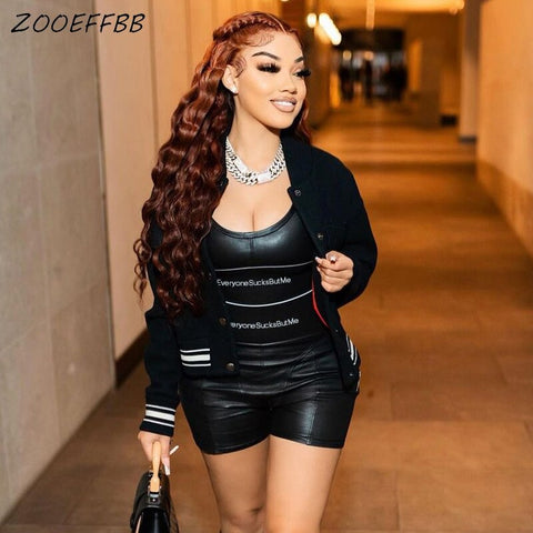 ZOOEFFBB Sexy Letter Print Two Piece Black Set Vest Crop Top Biker Shorts Summer Clothes for Women Night Clubwear Matching Sets