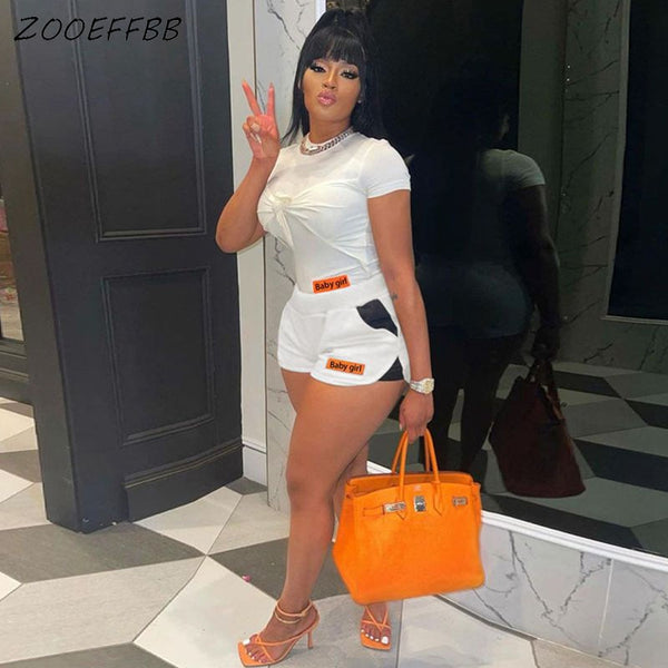 ZOOEFFBB Solid Bandage Bow 2 Piece Set Summer Women Clothes Short Sleeve T-shirt Pockets Biker Shorts Loungewear  Matching Sets